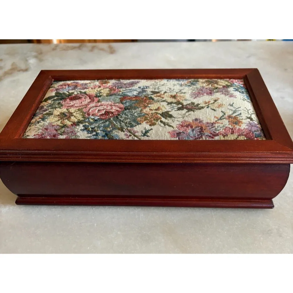 Vintage Wood Jewelry Box Tapestry Top Full Mirror Wooden Box Velvet interior